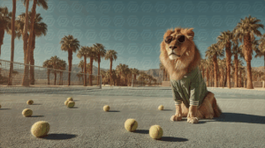 Cool Lion Relaxing on Tennis Court with Sunglasses