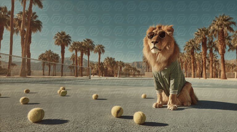 Cool Lion Relaxing on Tennis Court with Sunglasses