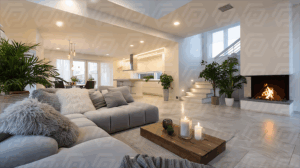 Bright Modern Interior with Fireplace, Minimalist Decor, and Cozy Seating Area