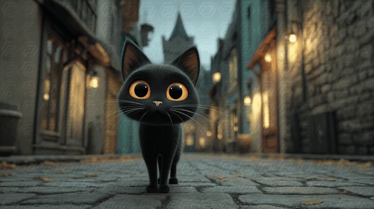 Curious Black Cat on a Quiet Medieval Street