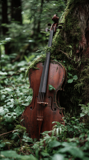 Mossy Tree and Antique Cello in Overgrown Woodland Scene