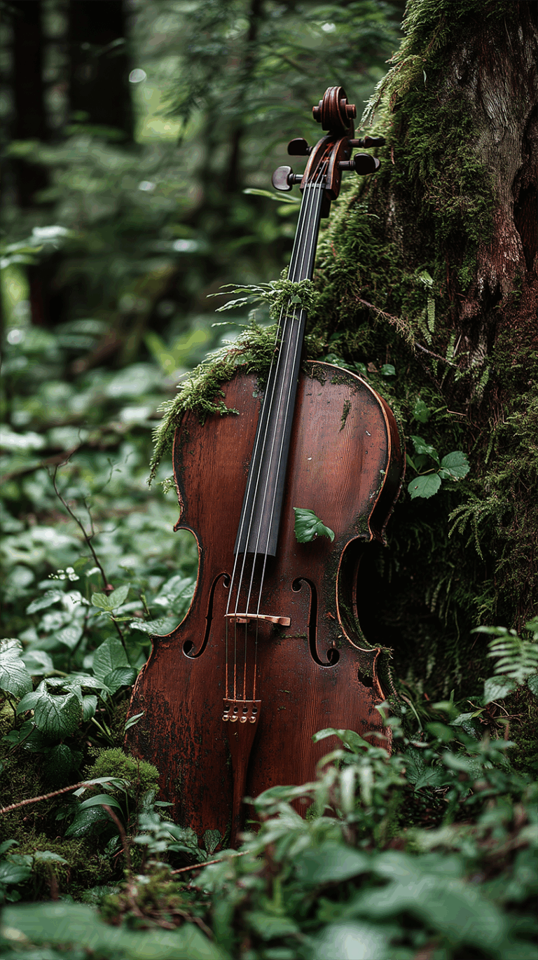 Mossy Tree and Antique Cello in Overgrown Woodland Scene