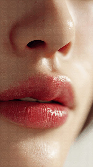 Red Glossed Lips and Nose Close-Up With Light Reflection