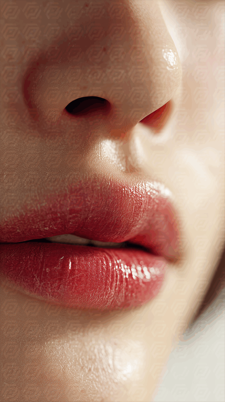 Red Glossed Lips and Nose Close-Up With Light Reflection