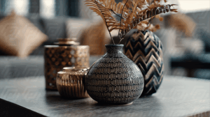 Stylish Decorative Vases on Modern Table with Contemporary Background