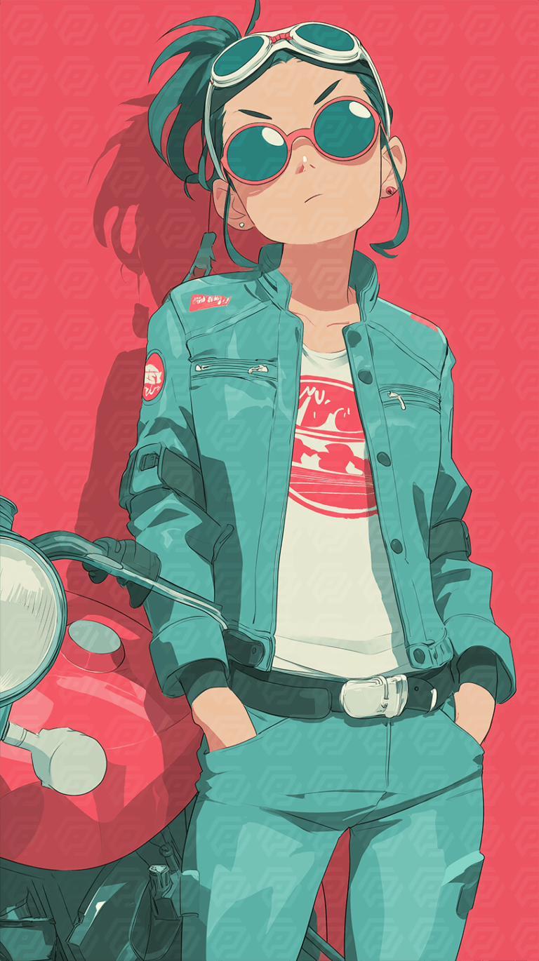 Girl Leaning on Motorcycle in Retro Racing Outfit with Sunglasses