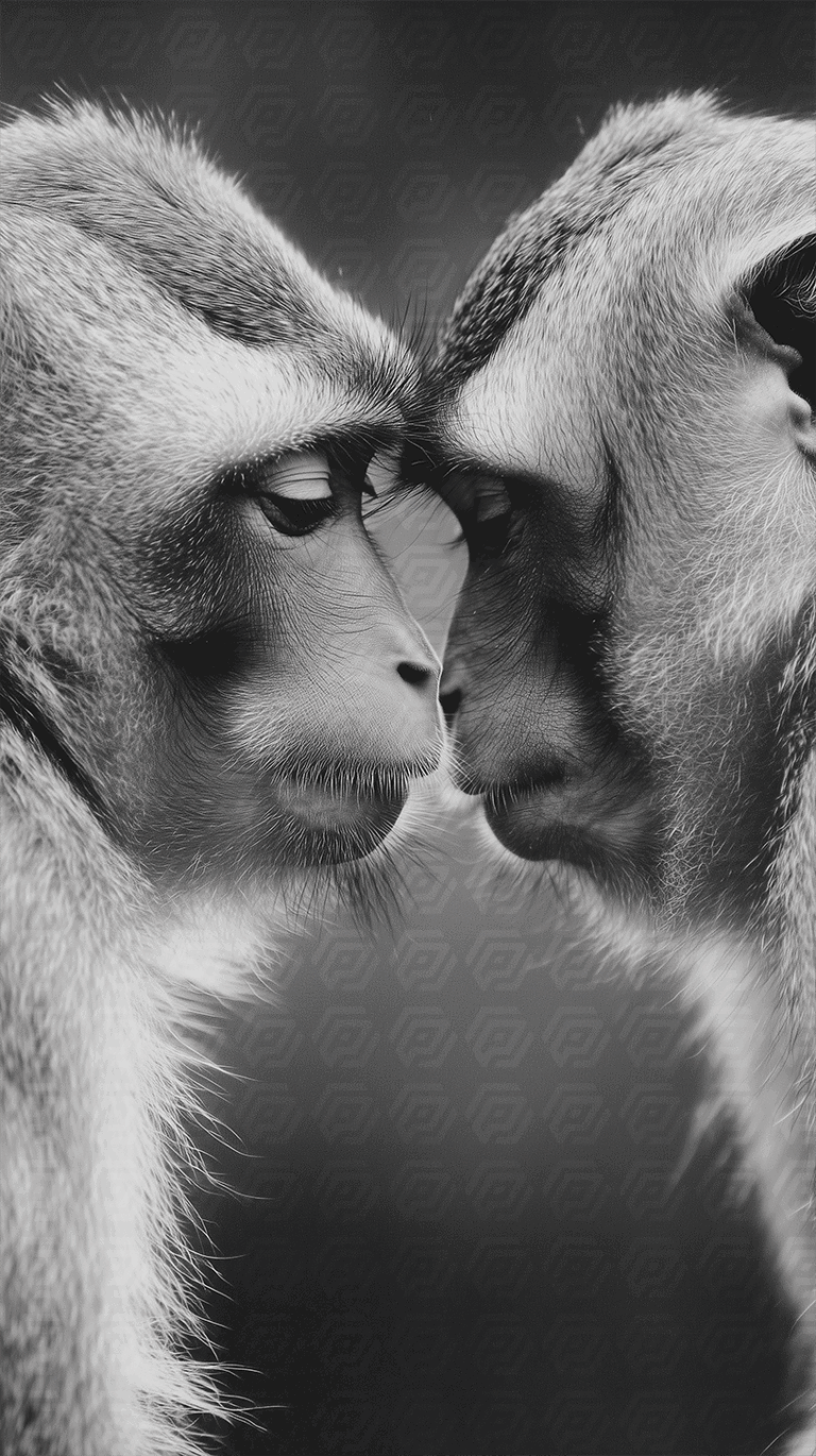 Black and White Close-Up of Two Monkeys Sharing a Quiet Moment