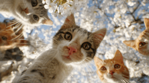 Wide-Eyed Kittens Under Blooming Tree in Spring