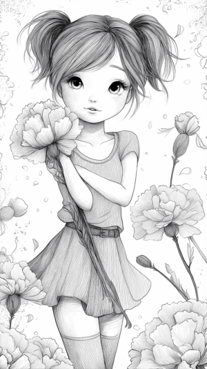 Whimsical Girl in Skirt Holding a Carnation with Delicate Line Detail
