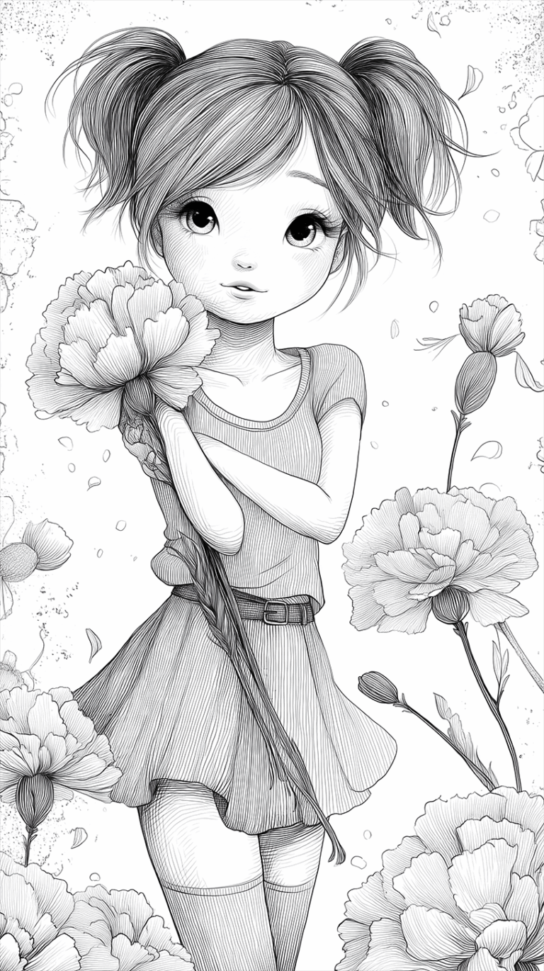 Whimsical Girl in Skirt Holding a Carnation with Delicate Line Detail