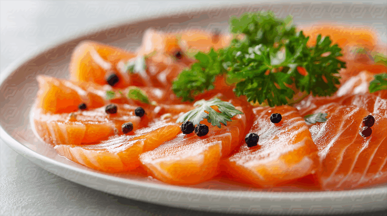 Salmon Sashimi Plate with Black Pepper and Leafy Garnish