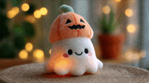 Smiling Ghost Plush With Pumpkin Hat In Festive Light Setting