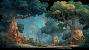Fantasy Tree Village With Mushrooms and Rainbow Mist