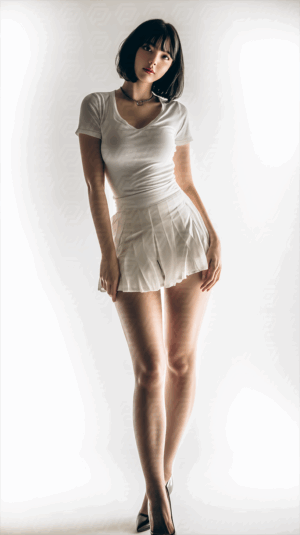 Elegant Female Model in White Pleated Skirt with Soft Lighting