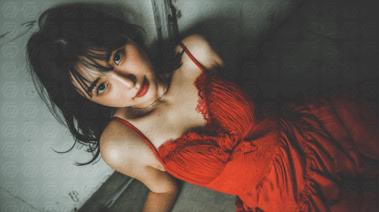 Stylized Woman in Red Lace Dress Sitting in Dramatic Light