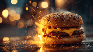 Gourmet Cheeseburger With Fire And Bokeh Lights Food Photography