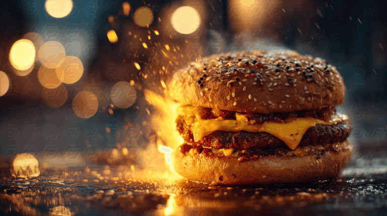 Gourmet Cheeseburger With Fire And Bokeh Lights Food Photography