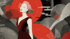 Stylized Woman with Red Halo and Abstract Waves