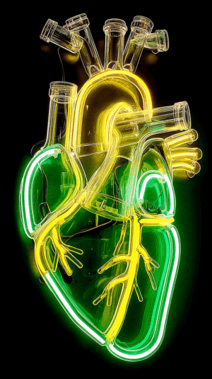 Vivid Neon Heart Made of Laboratory Glass Bottles