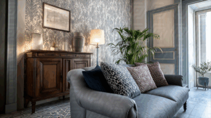 Bright Contemporary Living Room With Blue Accents and Patterned Wallpaper
