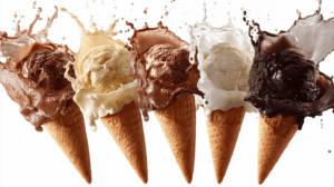 Variety of Ice Cream Cones with Cream and Chocolate Splashes