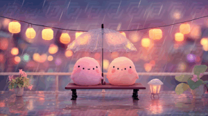 Two Cute Creatures Sheltering Under Umbrella with Lanterns