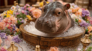 Baby Hippo in a Luxurious Bubble Bath with Flowers