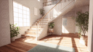 Bright Sunlit Entryway With Indoor Plants And Wooden Stairs