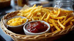 Basket of French Fries With Cheese and Ketchup Dips