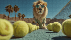 Lion in Sunglasses Posing Between Tennis Balls