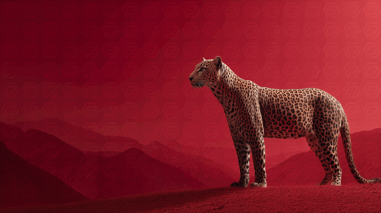 Leopard in Red Mountain Landscape at Dusk