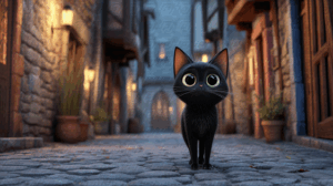 Whimsical Black Kitten Standing in a Quaint Alleyway