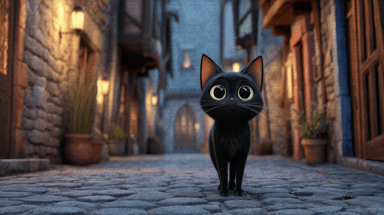 Whimsical Black Kitten Standing in a Quaint Alleyway
