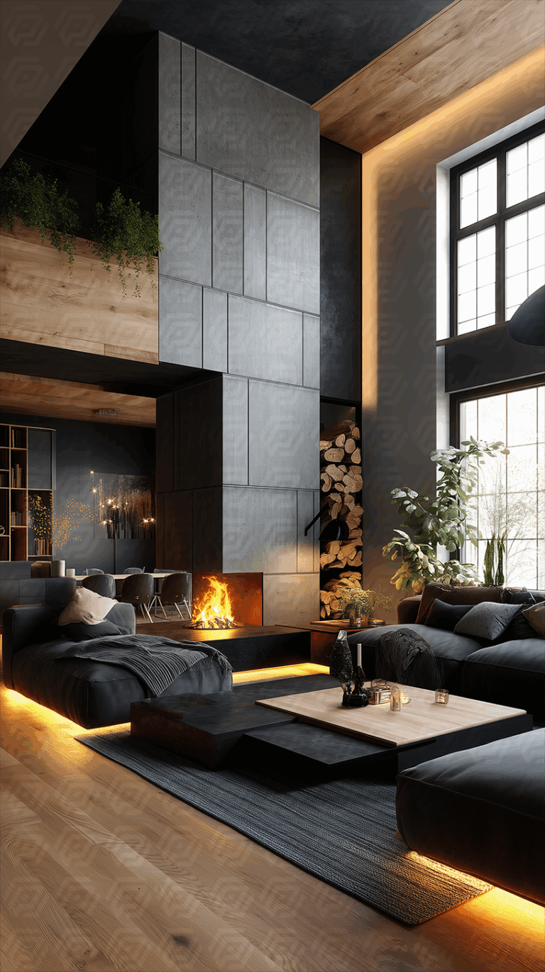 Modern Living Room With Firewood Storage and Cozy Fire