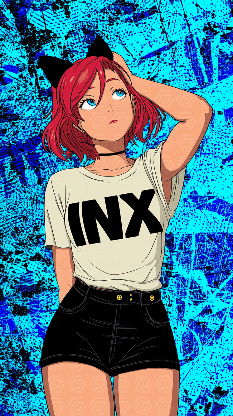Anime Girl With Red Hair Wearing INX Shirt Against Blue Grunge Wall