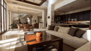 Elegant Open Concept Living Room With Kitchen And Dining Area