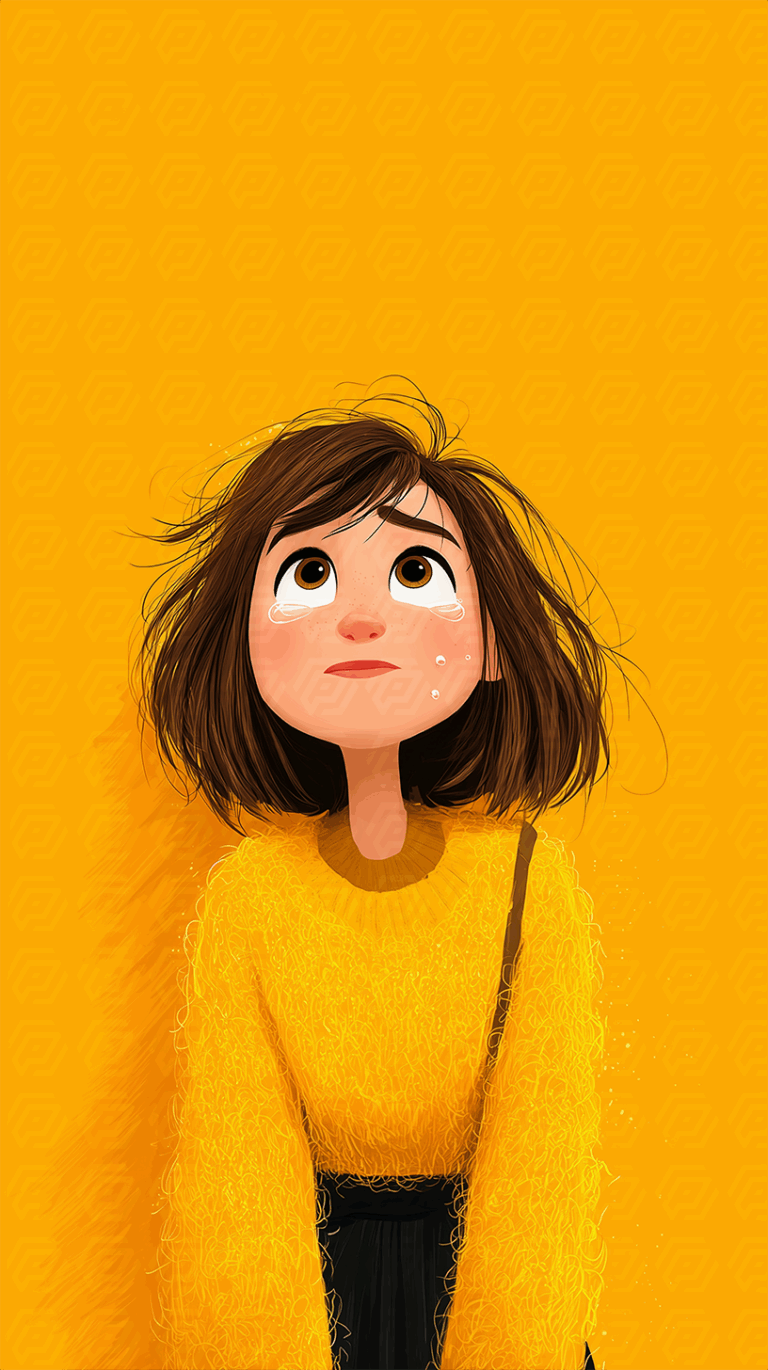 Girl Looking Up With Teary Eyes On Bright Yellow Background