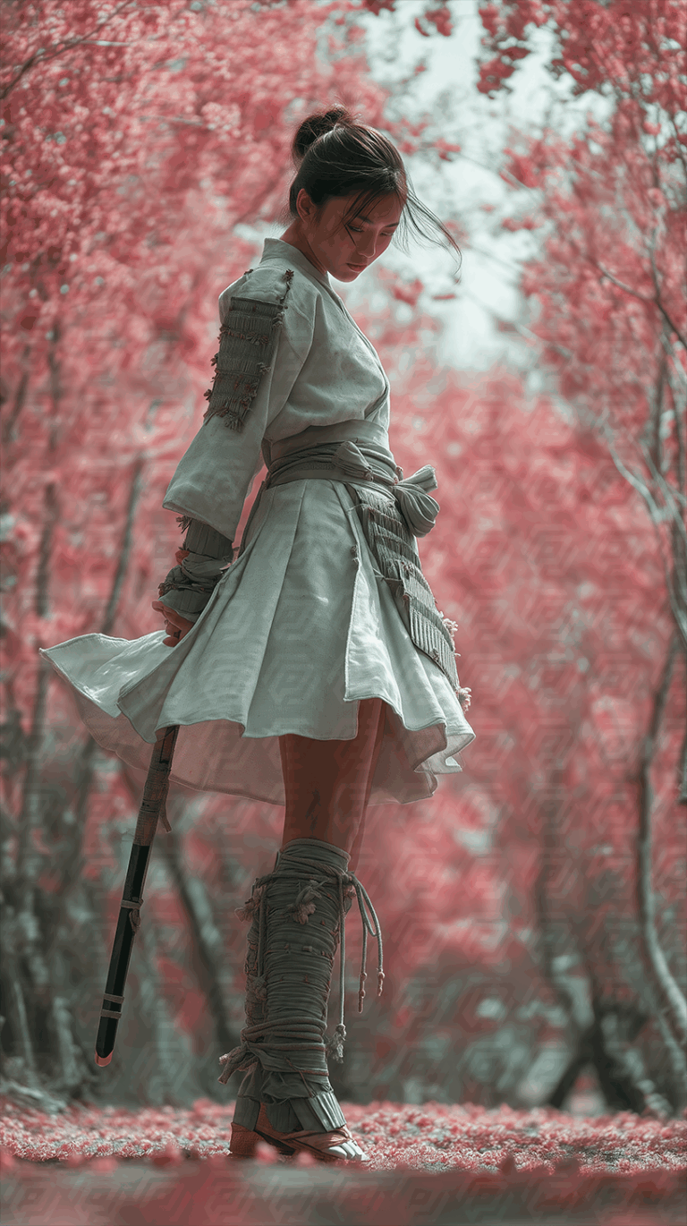 Samurai Woman Standing in Cherry Blossom Forest