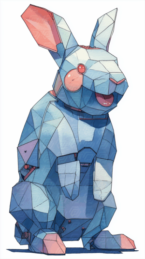 Geometric Robotic Bunny in Blue and Pink Tones