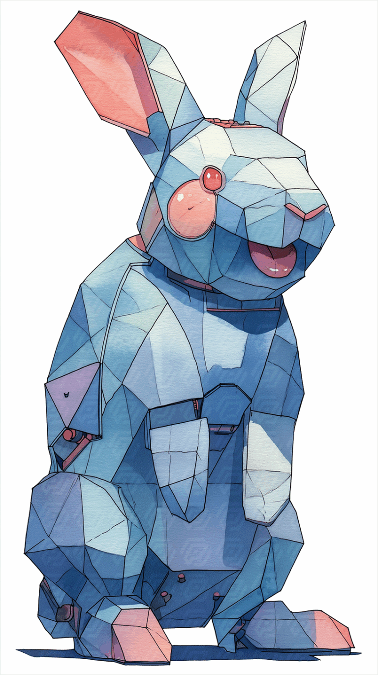 Geometric Robotic Bunny in Blue and Pink Tones