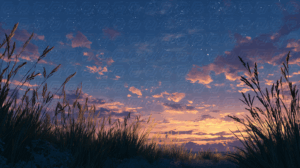 Starry Twilight Over Grass Meadow with Golden Clouds