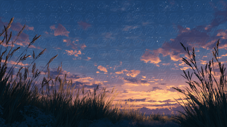 Starry Twilight Over Grass Meadow with Golden Clouds