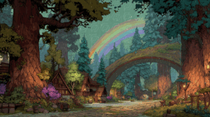 Rainy Forest Village With Rainbow and Tree Bridge