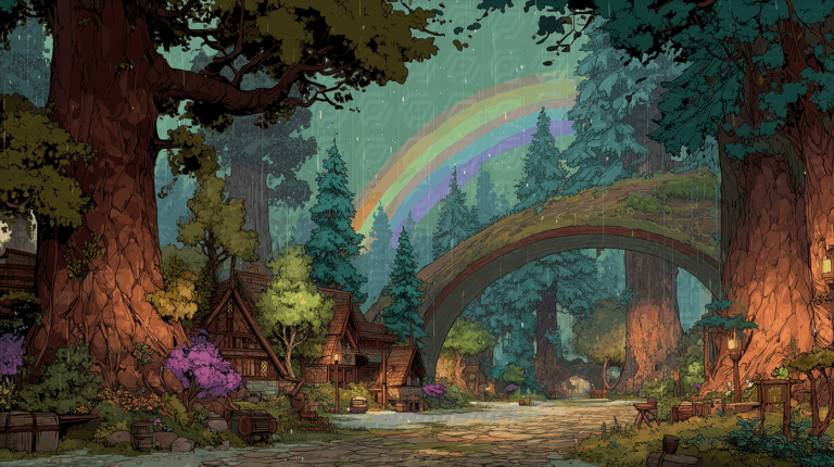 Rainy Forest Village With Rainbow and Tree Bridge