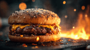 Delicious Cheeseburger With Smoke And Fire Effects Restaurant Food