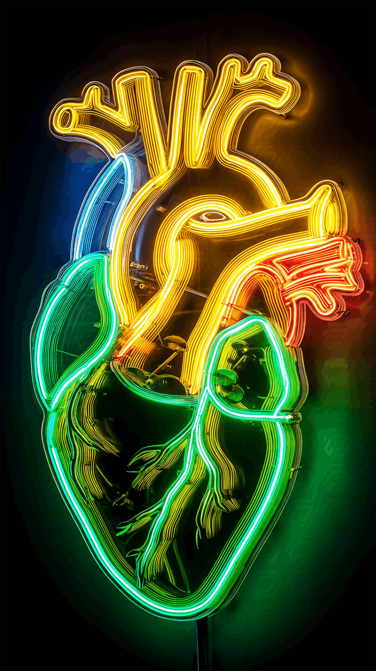Neon Heart Shaped Like Human Organ in Glowing Lights