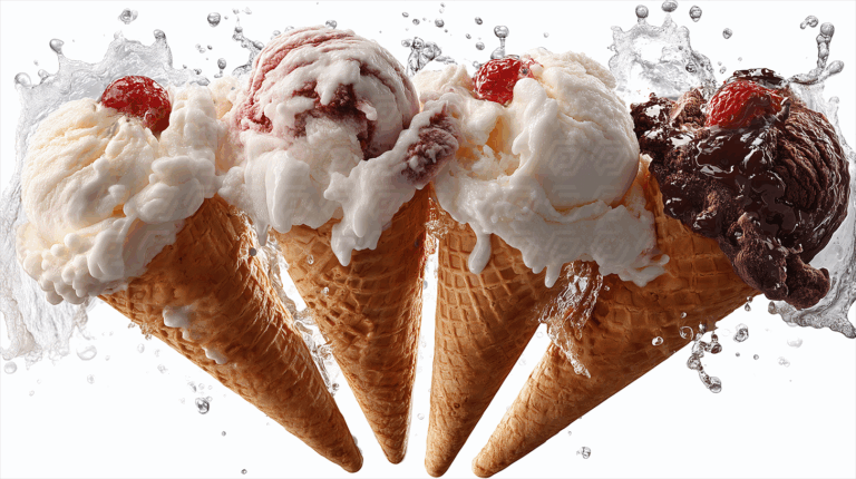 Refreshing Ice Cream Cones with Cherries and Splashes