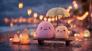 Adorable Characters on Beach Bench Under Umbrella at Night