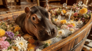 Playful Baby Hippo Bathing Among Blossoms in a Wooden Tub