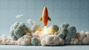 Carrot Rocket Launching Above a Cloudy Broccoli Landscape